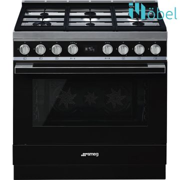   SMEG szabadonálló cooker, 90 cm, gáz főzőlappal, 115 l sütőtér, pirolitikus tisztítás, LCD kijelző, 6 gázégő, Portofino design, fekete