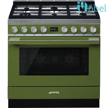   SMEG szabadonálló cooker, 90 cm, gáz főzőlappal, 115 l sütőtér, pirolitikus tisztítás, LCD kijelző, 6 gázégő, Portofino design, olívazöld