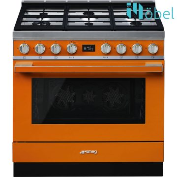   SMEG szabadonálló cooker, 90 cm, gáz főzőlappal, 115 l sütőtér, pirolitikus tisztítás, LCD kijelző, 6 gázégő, Portofino design, narancssárga