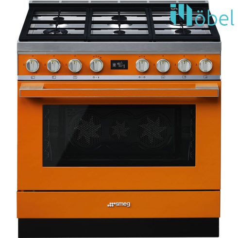 SMEG szabadonálló cooker, 90 cm, gáz főzőlappal, 115 l sütőtér, pirolitikus tisztítás, LCD kijelző, 6 gázégő, Portofino design, narancssárga