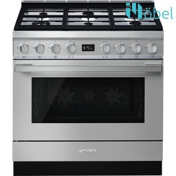   SMEG szabadonálló cooker, 90 cm, gáz főzőlappal, 115 l sütőtér, pirolitikus tisztítás, LCD kijelző, 6 gázégő, Portofino design, inox