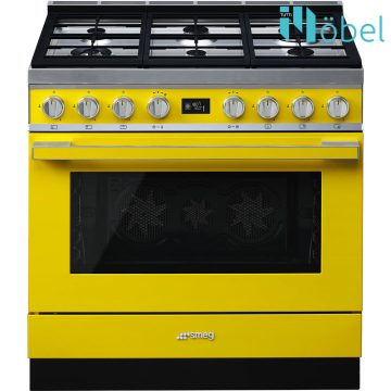   SMEG szabadonálló cooker, 90 cm, gáz főzőlappal, 115 l sütőtér, pirolitikus tisztítás, LCD kijelző, 6 gázégő, Portofino design, sárga