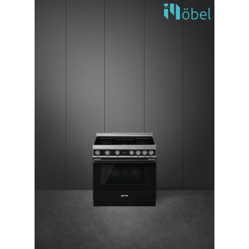   SMEG szabadonálló cooker, 90 cm, indukciós főzőlappal, 115 l sütőtér, pirolitikus tisztítás, LCD kijelző, 5 zóna, Portofino design, fekete