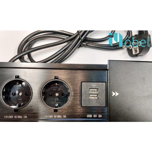 MODULBOX III eltolós, beépíthető konnektor, fekete, 2x220V + 1xUSB