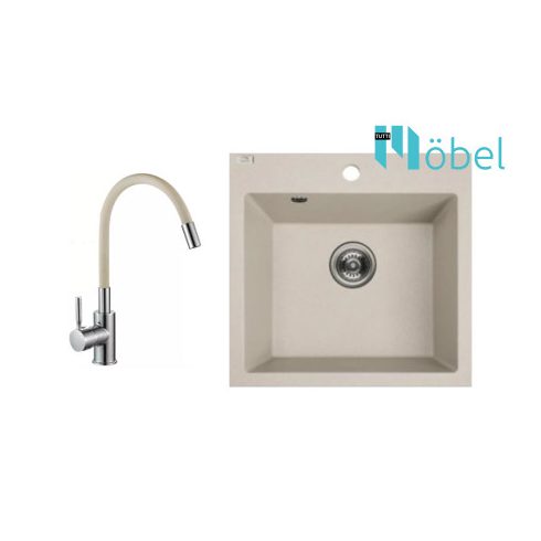 LAVEO mosogató ALENA 490x490 mm + műanyag flexibilis csaptelep bézs szett