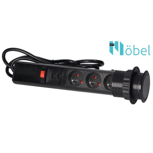 Pultba építhető konnektor torony, USB csatlakozóval, fekete