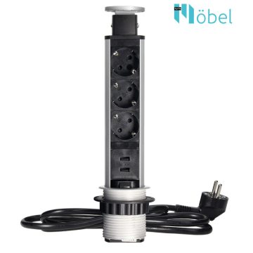   Pultba építhető konnektor torony, USB csatlakozóval, matt króm