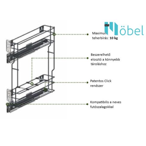 REJS MULTILine MINI oldalszerelésű kosár, sín nélkül, 200 mm, króm