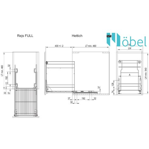 REJS MULTILine MINI alsószerelésű kosár, sín nélkül, 250 mm, L-450 mm, grafit