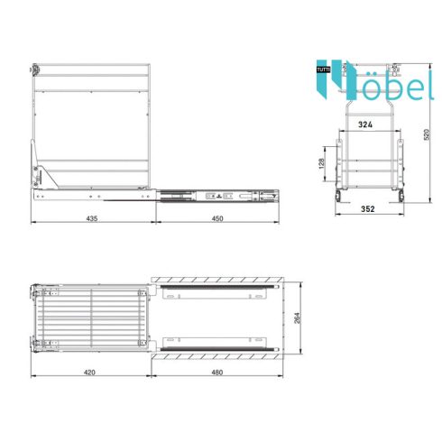 REJS Kihúzható kamra vasalat Alsómegvezetésű, fékes, króm hatású, 400 mm