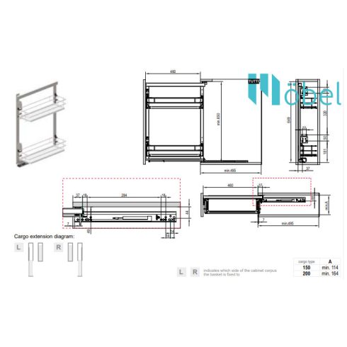 REJS MAXIMA EVOLine MINI oldalszerelésű kosár, fékes sínnel, 150 mm, fehér/króm, jobb