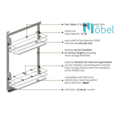 REJS MAXIMA PUROLine MINI oldalszerelésű kosár, fékes sínnel, 150 mm, matt fekete/tölgy, jobb